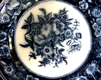 Vintage Flow Blue Plate Flowers Stoneware Transferware Blue and White Navy