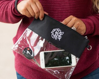 Stadium Approved Monogrammed Clear Cross Body/Wristlet with Zipper/Football Game Day Purse/8 Colors to Choose From