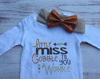 Little Miss Gobble till you wobble Turkey Day Onepiece Onesie shirt headband set Thanksgiving Outfit Baby Girl Clothes Baby Toddler holiday