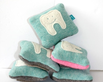 tooth fairy pillow, wool ,leather pouch, tooth pouch, made to order
