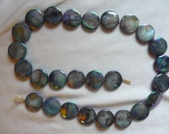 Beads, Mother of pearl 15mm blue/gray flat round coin. Sold per 15 inch strand. There are 26 beads on the strand.
