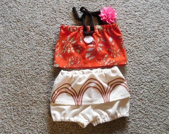 Baby Moana costume top and diaper cover with short attached skirt option of flower infant thru 3 years