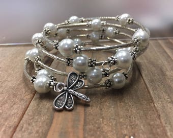 White pearl bracelet, pearl wrap bracelet, white bracelet, teacher gift, thank you gift, dragonfly, everyday bracelet,