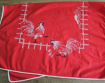 Vintage Red Embroidered Farmhouse Chickens Tablecloth