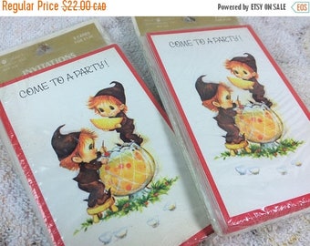 20% SALE Vintage Holiday Party Invitations with Pixies Elves - Christmas Festive Jolly Greeting Invitation Cards Two Sealed Packs