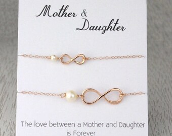 3 Day SALE Mother-Daughter Rose Gold Infinity Bracelet Set, Infinity Pearl Bracelet, Rose Gold Bridal Wedding Gift, Message Card Bracelet