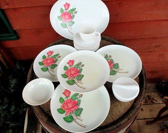 Royalon Melmac. Melmac Dishes. Rose Decor. 16 pc. Set. 1950s Kitchen Decor. Dinnerware. Camper Dishes. Royalon. Melamine. Dishes