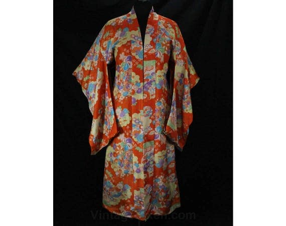 1940s Kimono - Orange Floral Silk with Asian Cherry Blossoms - Rich Colors & Red Lining - Large Japanese Oriental Robe - Bust to 42 - 49028