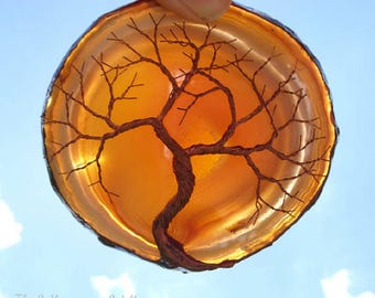Copper Wire Tree Of Life Metal Wall Art Sculpture Garden Ornament On A Brown Agate Geode Stone Crystal Suncatcher