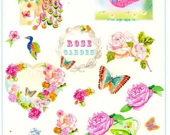 105 - Image sheet by cutting Peacock, flowers, vintage