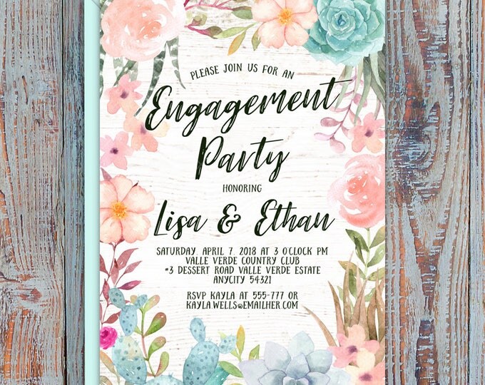 Succulents Cactus Boho Sweet Floral Pastel Engagement Party Printable Invitation