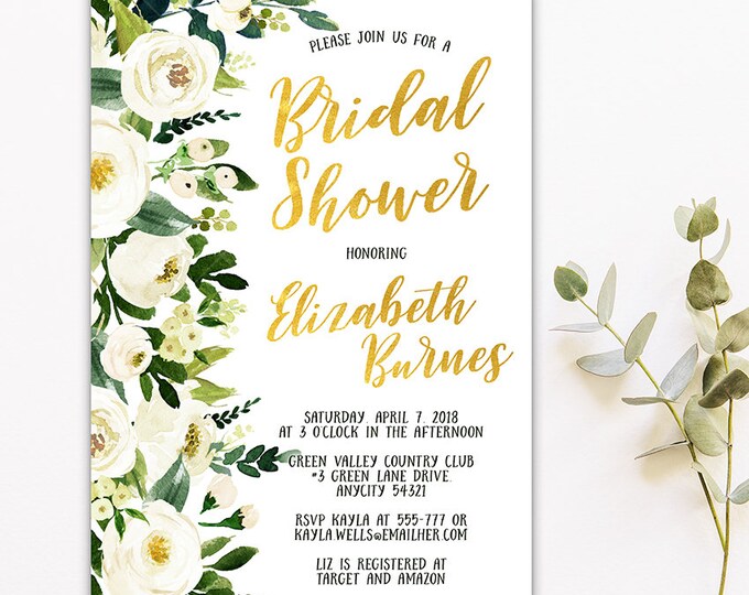 Dainty White Watercolor Floral Bridal Shower Invitation, Brunch and Bubbly, Bachelorette, Hens Party, White Floral Printable Invitation