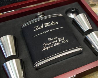 Groomsmen Flask, Personalized Flask- Boyfriend Gift- Engraved Black Leather Flask, Vegan- Groomsmen Gifts, Groomsman Gift, Groomsman Flask