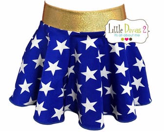 Wonder Women Skirt (Child)Royal Blue with White Stars &Gold Glitter Waistband