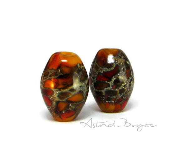Ignition Ovals Artisan Lampwork Bead Pair - Autumn Glass paired with fine Italian Silver - these pair perfectly with 2mm Natural Leather