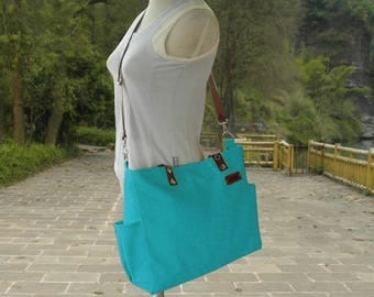Turquoise canvas travel messenger bag, tote bag with name tag, messenger bags for women, leather strap shoulder bag, school bag for students
