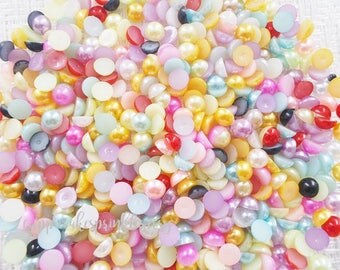 100pcs - 6mm Multi Bright Colored Mixed Flatback Pearls Decoden PRL406