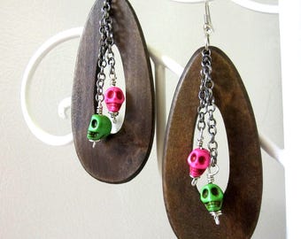 Skull Earrings Day of the Dead Earrings Sugar Skull Jewelry Wood Pink Green Skulls