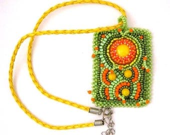 Summer necklace, Bead embroidered necklace, Pendant necklace, Beaded jewelry, Green orange yellow, Gift for women