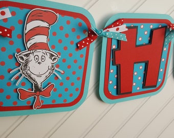 Cat in the Hat Happy Birthday OR Name banner, Dr. Seuss Party decorations. Cat in the Hat Birthday. First Birthday. 1st Birthday.