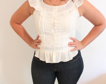 1970s White Eyelet Lace Peplum Blouse Ruffles Boho - Small