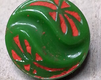 Fabulous Vintage Dimi Green Glass Button ~ Stylized Orange Flower Turn Around Turned Design ~ 5/16 inch 8mm ~ Diminutive Sewing Button