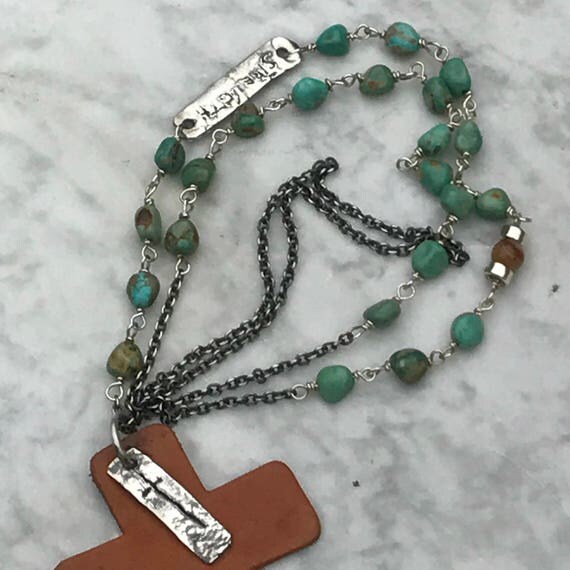 Turquoise Southwestern Sundance Style Leather Cross - Oxidized Heavy Cable Chain - Artisan Hand Forged Raw Silver Necklace