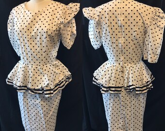 Women's Retro White with black polka dot cotton dress 1980 size 7 xsmall small