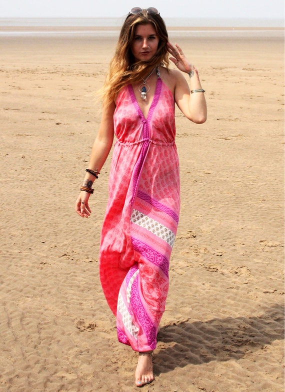 RUBY SPARROW JUMPSUIT - Limited Edition Jumpsuit- Handmade- Vintage Sari Jumpsuit- Festival- Hippie- Retro- Halterneck- 100% Silk- Couture