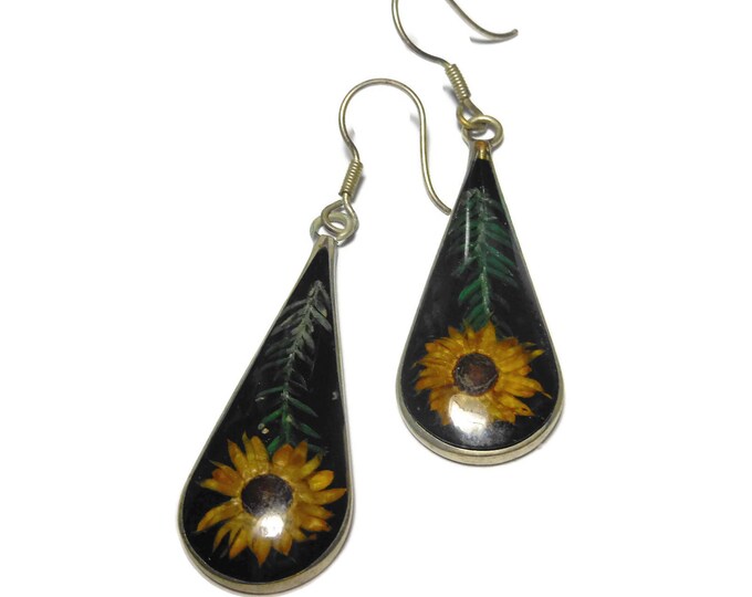 FREE SHIPPING Mexican pressed flower earrings, yellow dried flower in glass teardrop shaped marked Mexico french hoops nickle silver floral