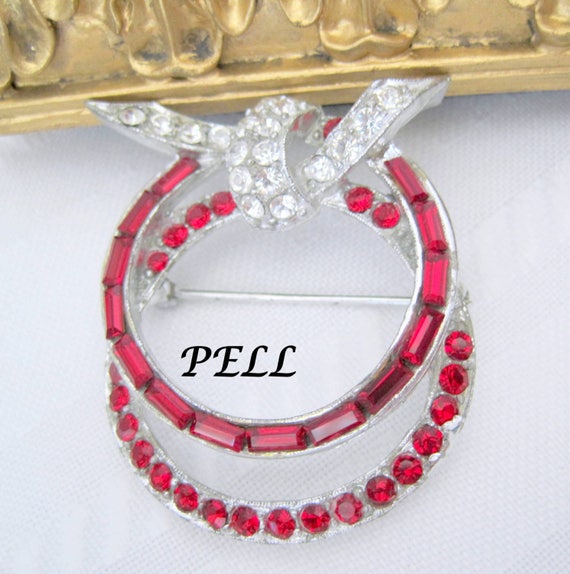 Pell Red Brooch - Designer Signed Rhinestones - Channel Set - Rhinestone Pin