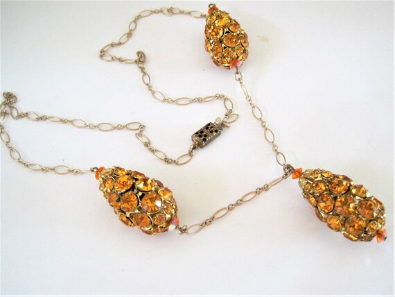 Citrine Necklace - Rhinestone Covered Balls - 3 large Dangles - Y Necklace