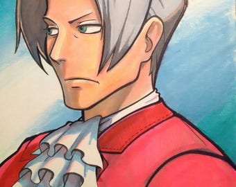 8 1/2" x 11" original marker art anime manga Phoenix Wright Miles Edgeworth portrait Ace Attorney prismacolor animation Nintendo DS ooak
