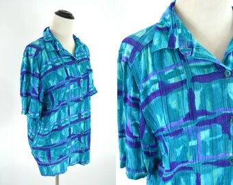 Vintage 1980's Blue Tie Dye Rayon Summer Blouse - Button up Retro Grunge Shirt - Bright Statement top - Size medium to large