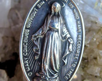 Vintage Jumbo Size Sterling Silver Miraculous Medal, Oval with Repousse Image of Mary, Cross, Stars, Sacred Heart, Signed, 1 1/2" by 7/8"