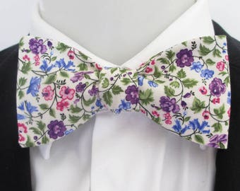 mens bowtie in a pretty purple, blue and pink floral design - option of fittings ~ self tie ~ freestyle
