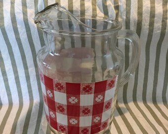 Vintage Red Plaid Picnic Tablecloth Glass Pitcher