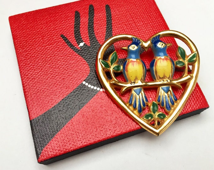 Bird Heart Brooch - Enamel gold - Love Birds - doves - fiqurine pin