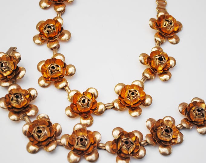 Brass Flower Necklace and Bracelet set parure -gold Brass Metal - Book chain link -Mid Century -
