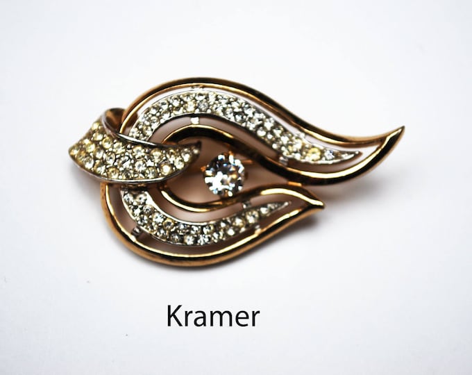 Rhinestone Brooch - signed Kramer - Swirl wave Leaf - design gold tone setting - Mid Century Pin