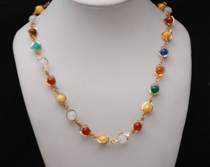 Gemstone Bead Necklace - Caged gold tone metal - polished quartz jasper carnelian and Agate beads