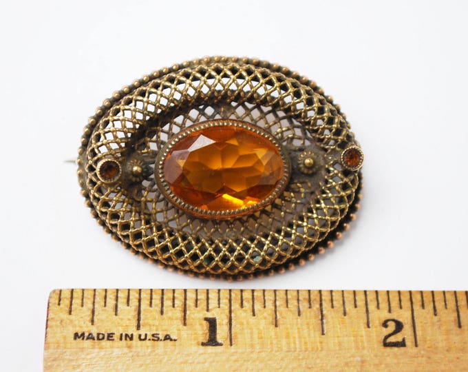 Czech Brooch - Gold Filigree Gilt Brass - Amber citrine Glass Pin