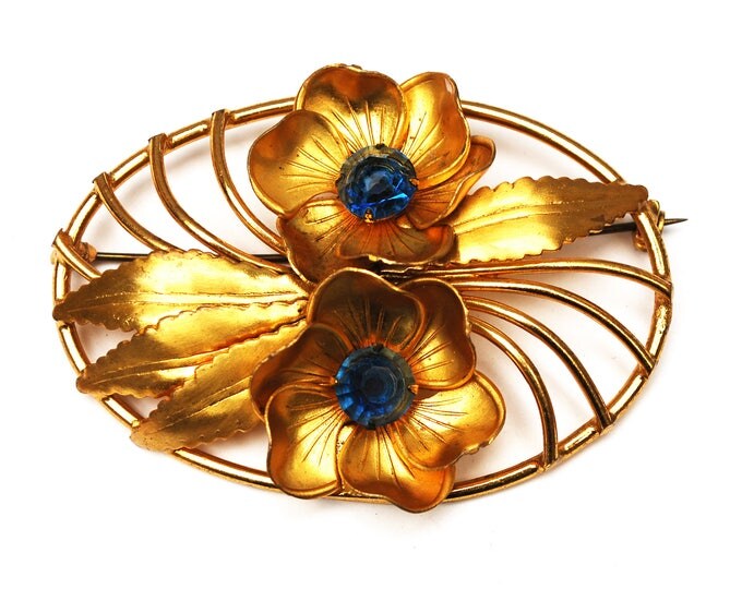 Blue Rhinestone Flower Brooch - Oval - Gold repousse Leaf - Floral flower pin