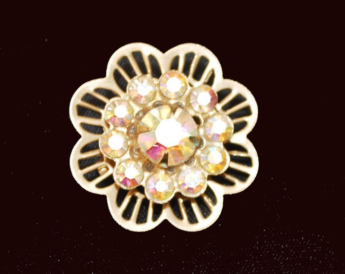 Rhinestone Flower Brooch - Aurora Borealis - Gold tone metal - Mid century Pin