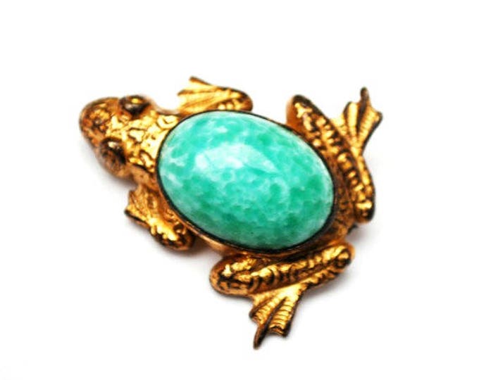 Frog Brooch - Green Peking glass - gold filled - Art Glass figurine vintage pin