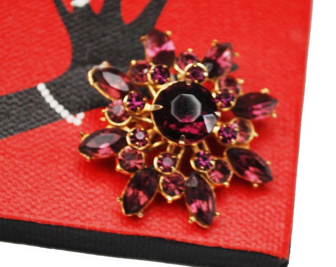 Purple Atomic Brooch - Amethyst color Glass Crystal flower - gold plating floral pin