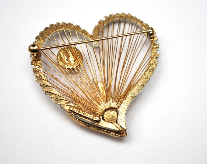 Heart Brooch - Signed Brooks - White milk Glass - Gold wire weave - Mid century pin