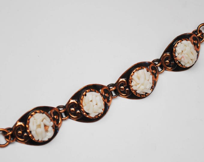 Copper White Coral Link Bracelet - White coral shell chips - copper oval panel link bange