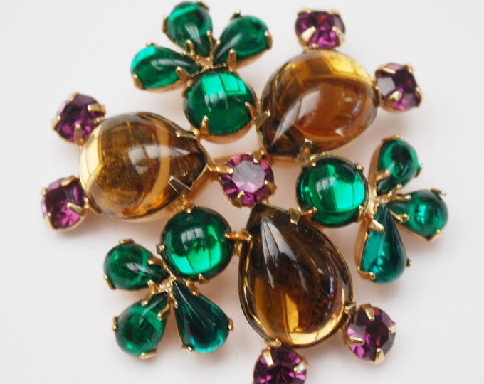 Cabochon Flower Brooch earring set -Topaz brown green Purple Glass - Gold plated metal - Climber earring -Mid Century - clip on earrings