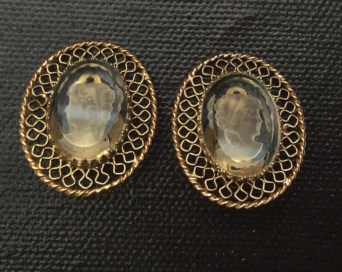 Intaglio Cameo Earrings - Carved clear glass - Signed Whiting and Davis - Gold Filigree - Clip on earrings